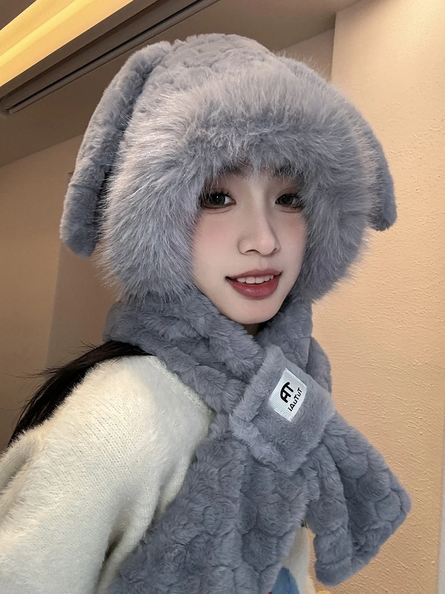 Милая шапка с заячьими ушками шарф интегрированные женские зимние велосипедные