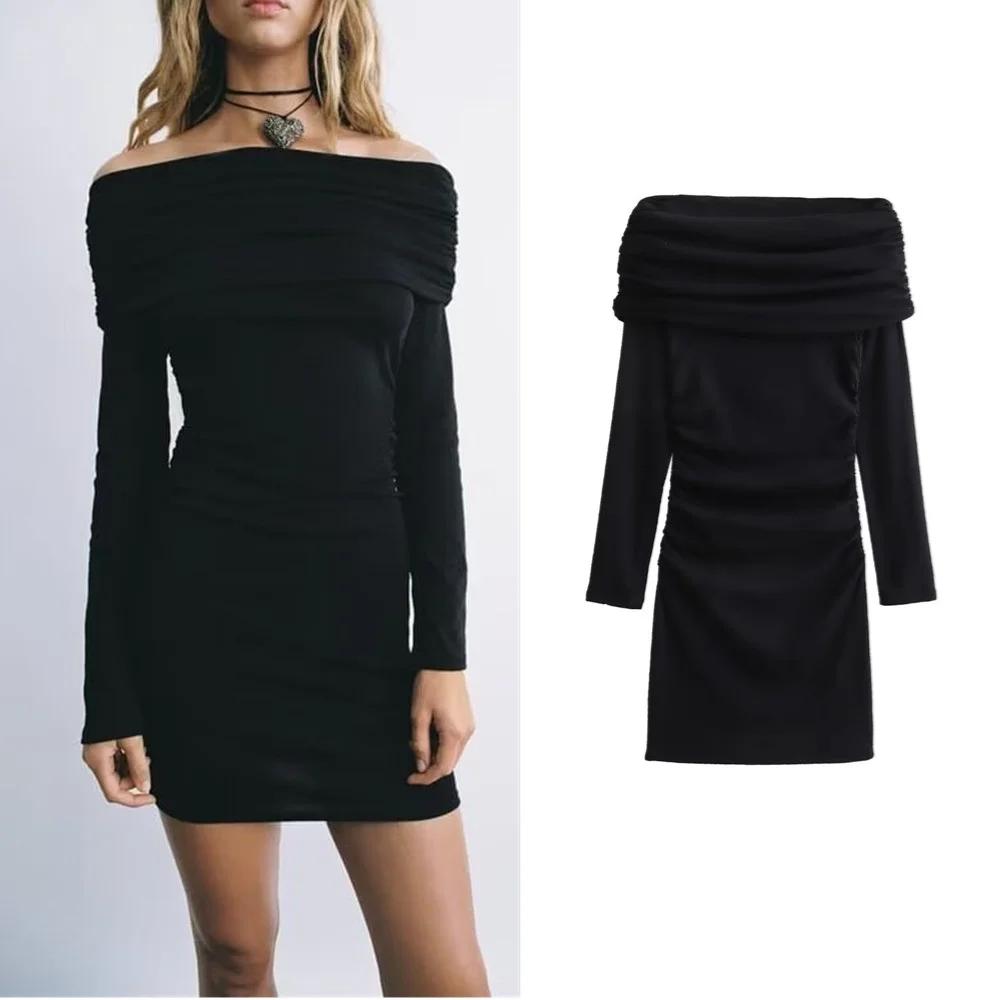 

Winter black off-shoulder straight collar pleated neckline slim hip-hugging tube top dress for women 5644856