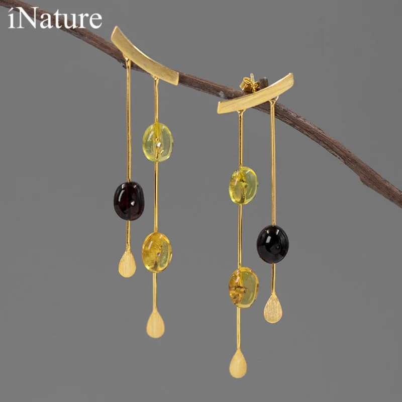 

INATURE 925 Sterling Silver Jewelry Natural Amber Stone Tassel Drop Earrings For Women