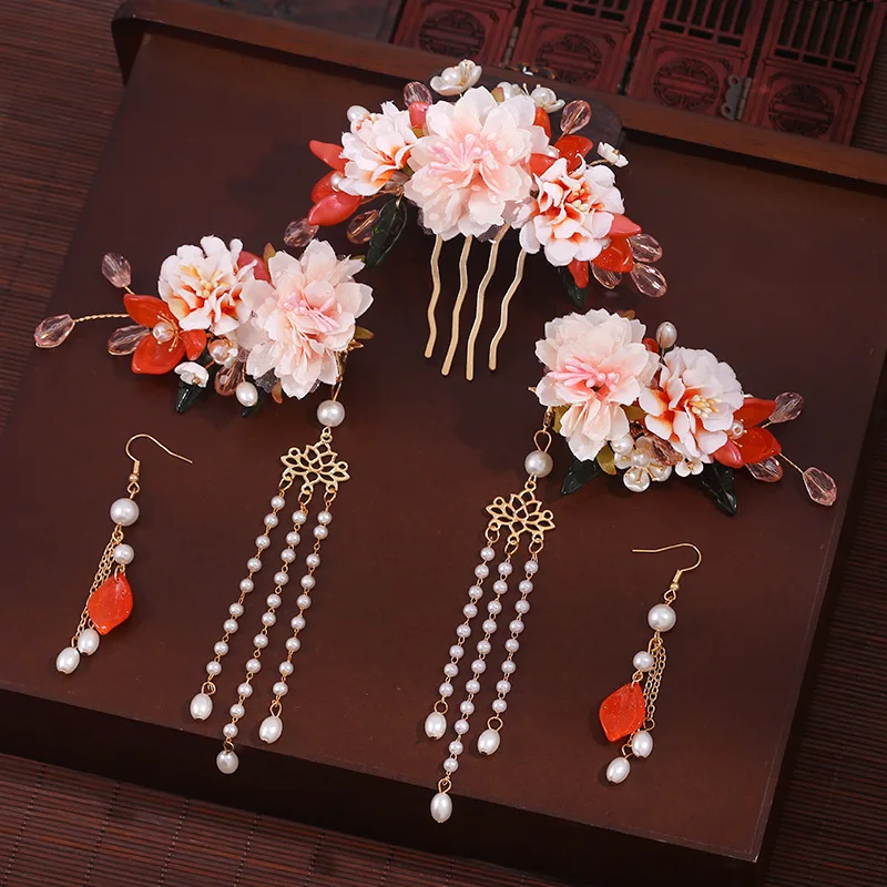 Китайский цветок ханьфу заколка для волос серьги набор расчесок свадебный