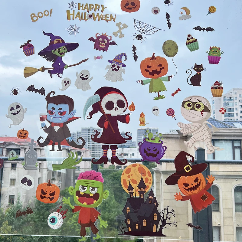 Симпатичные Мультяшные наклейки на окна Хэллоуин ведьма летучая мышь Тыква