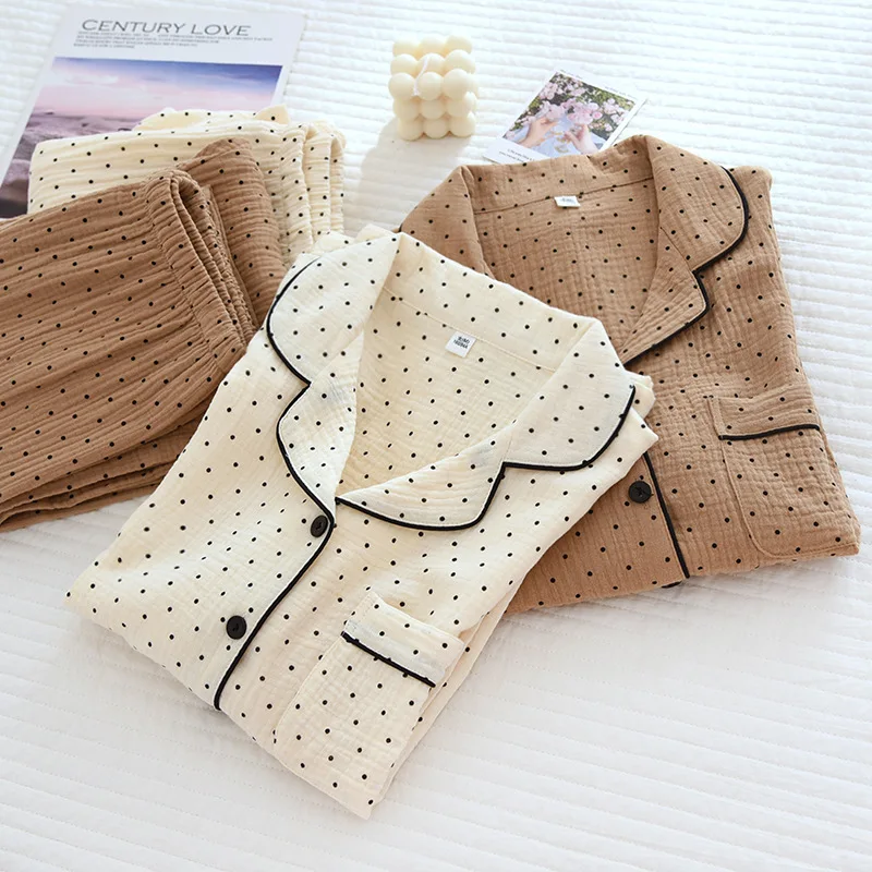 Ladies Spring and Summer Double-layer Cotton  Loungewear  Suit Long-sleeved Trousers  Casual Cardigan Printing Pajamas Set