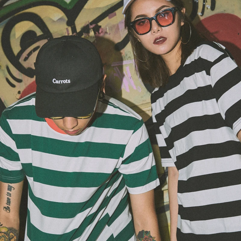 

Футболка в полоску для мужчин и женщин, повседневная хлопковая тенниска оверсайз в стиле Харадзюку, уличная одежда в стиле хип-хоп, с коротк...