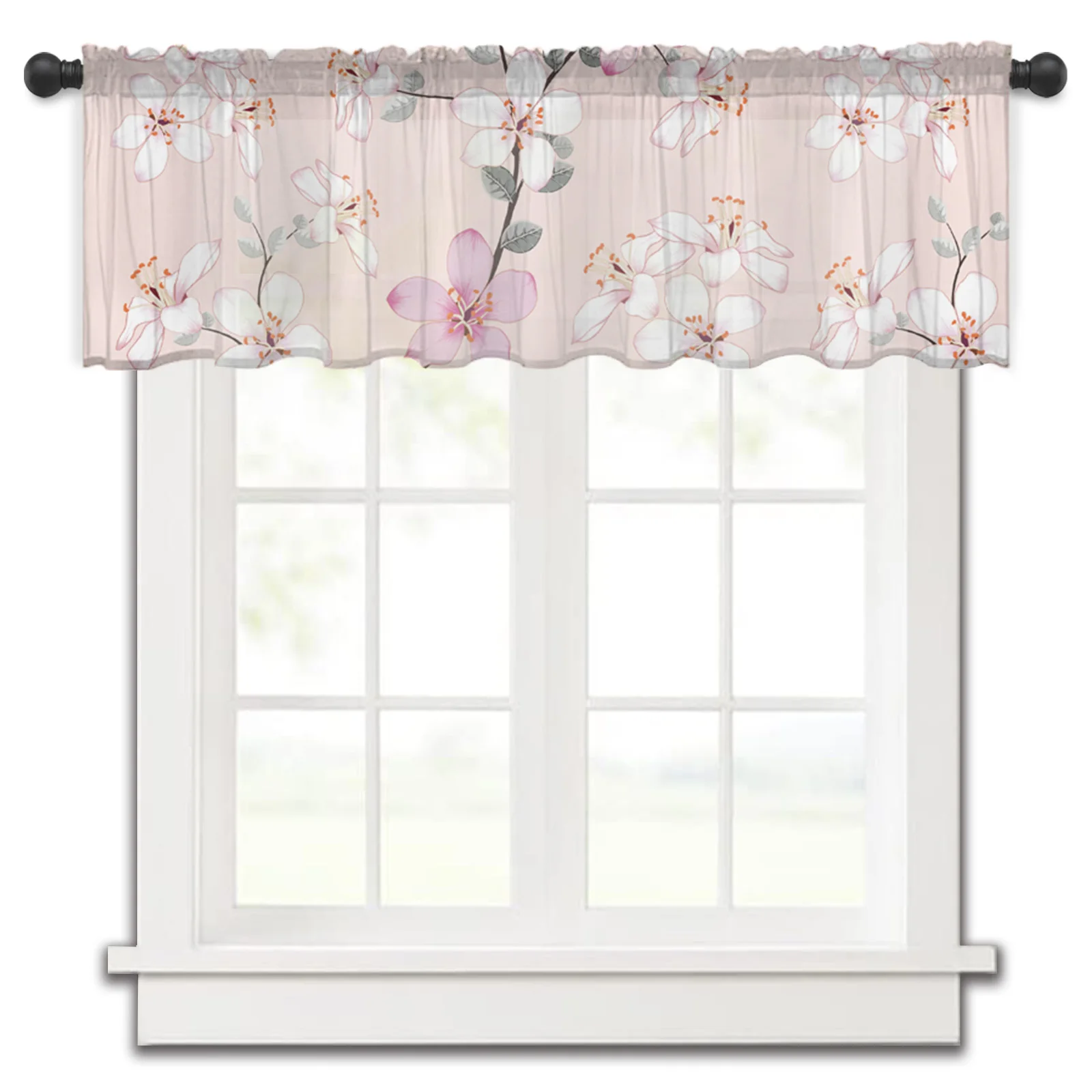 Весенние прозрачные шторы с розовыми цветами персика Короткие Занавески для