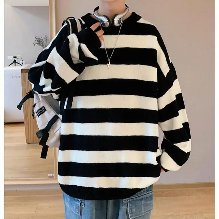 Spring Autumn Winter Fashion Man Casual Men's Loose Tess Cool Boys Pullover Knitted Sweater Soft Stripes Tops