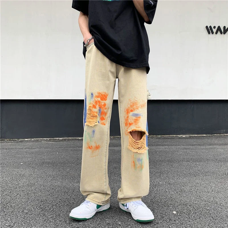 Khaki Ripped Jeans Men Fashion Casual Baggy Wide Leg Jeans Mens Streetwear Loose Hip Hop Hole Straight Denim Pants Men Trousers