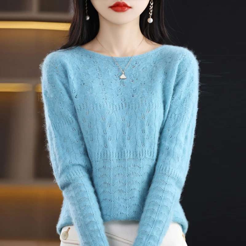 

Бесшовный кашемировый свитер, Женский пуловер с круглым вырезом, Новый Шелковый ажурный топ на весну и осень, модная Корейская Роскошная куртка из шерсти мериноса
