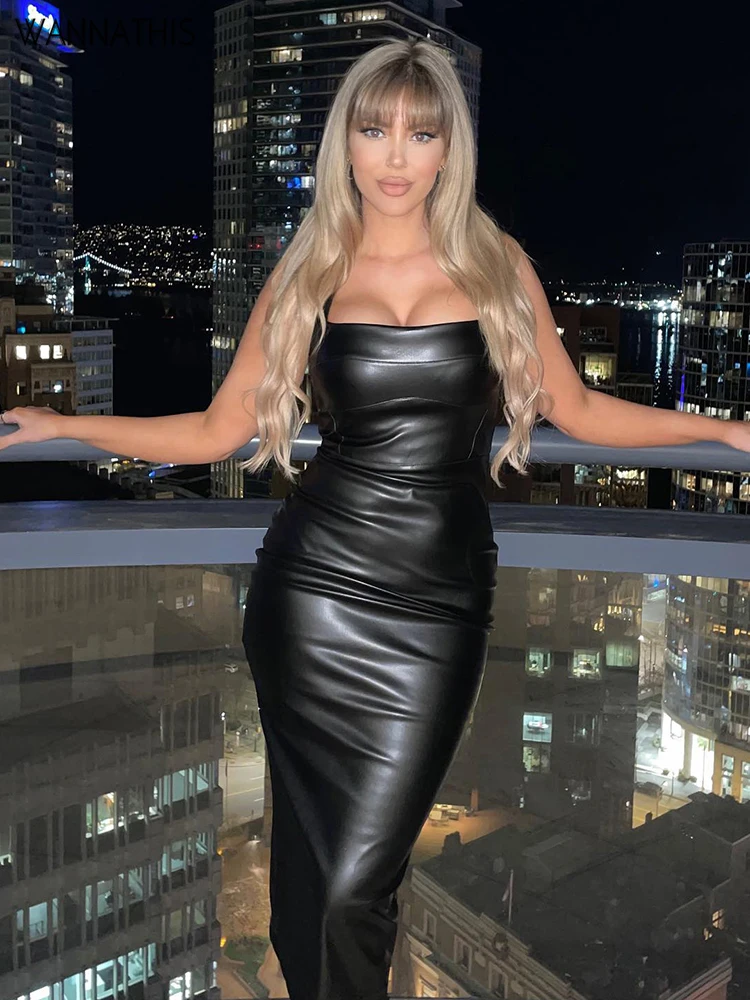 

WannaThis Faux Leather Tank Women Dress Sleeveless Square Collar Backless Sexy Exotic Bodycon Backless Elegant Casual Dresses