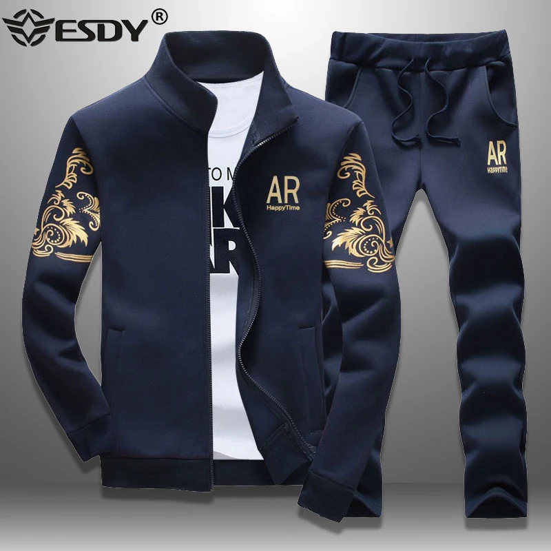 

Костюм спортивный мужской из двух предметов, куртка и штаны с золотой вышивкой, комплект одежды для мужа, весенняя одежда