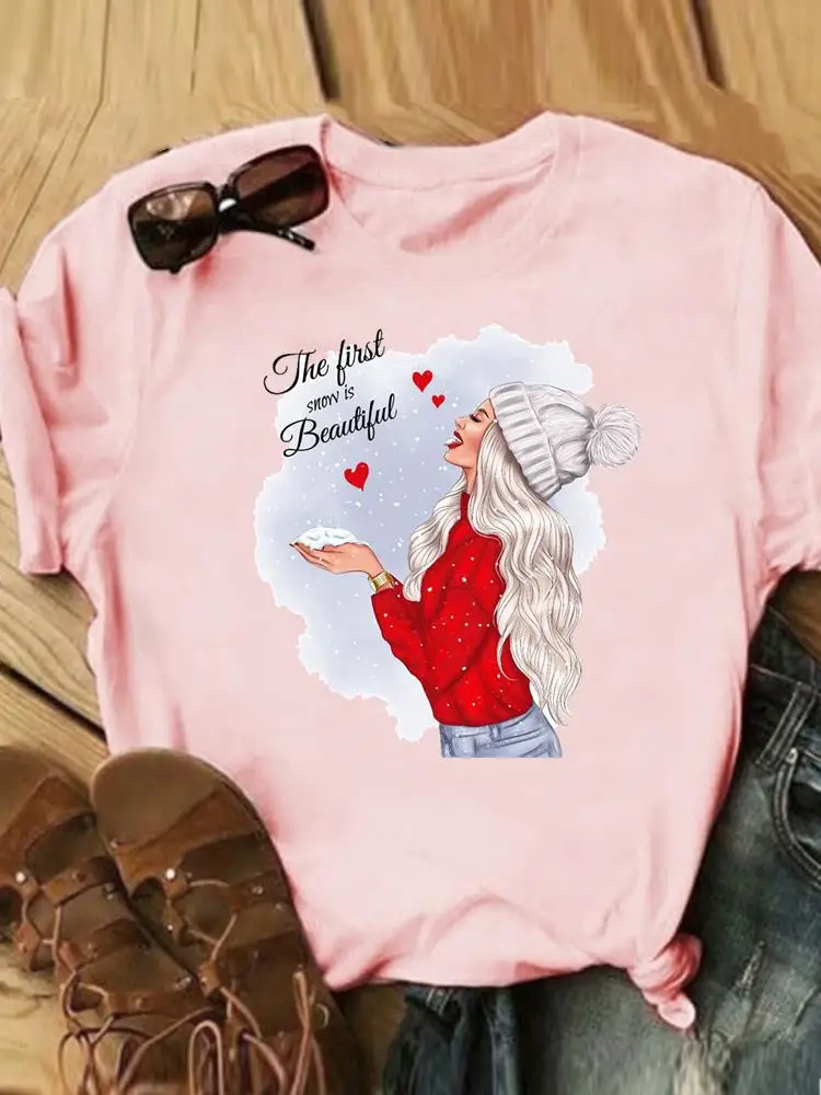 

Зимняя Повседневная футболка с графическим принтом в мультяшном стиле, праздник на Рождество, Новый Год, женская одежда, модные женские фут...