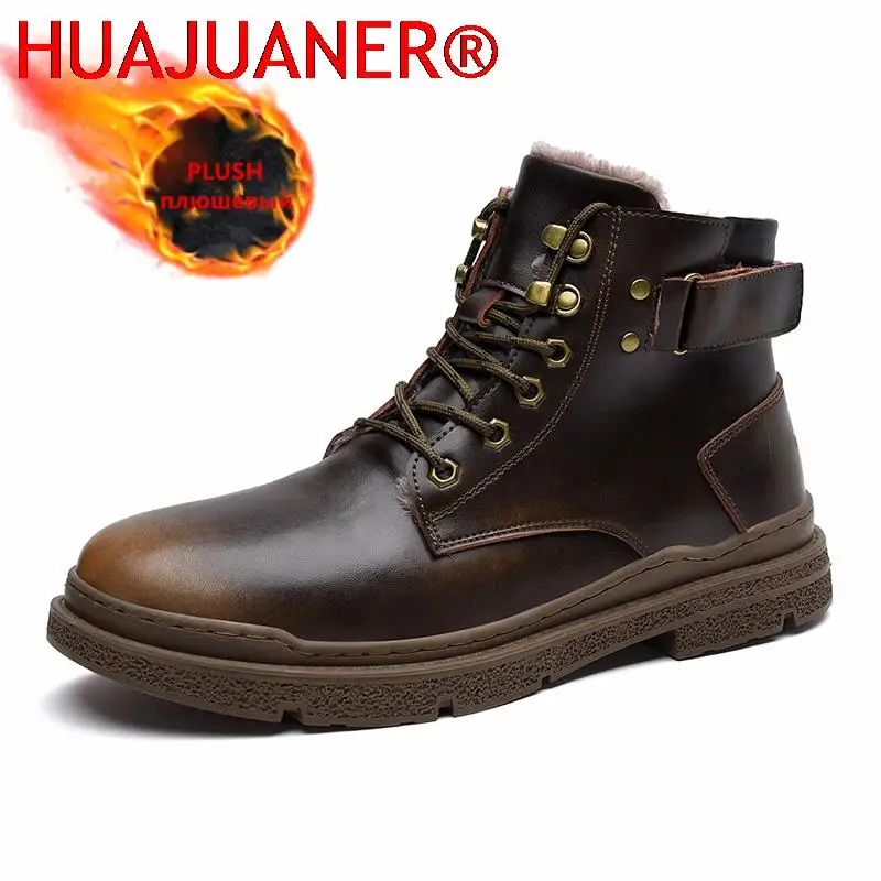 

Genuine Leather Men Boots Winter Plush Warm Snow Ankle Boots Outdoor Street Fashion High-top Men's Casual Shoes Four Seasons