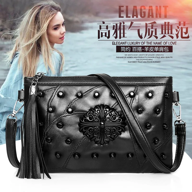 

New European and American Fashion Sheepskin Women's Tassel Handbag Business Travel Oblique Straddle Shoulder Bag