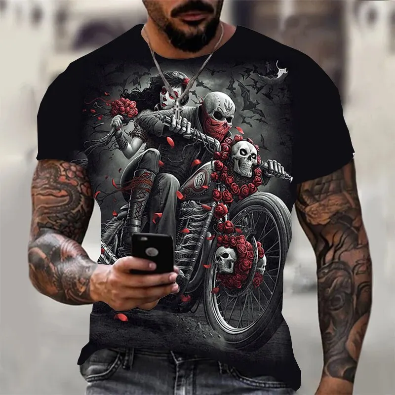 

3D Skull Fashion Terror T-shirt Summer New Personalized Retro Hip Hop Men's T-shirt Black Quick Drying O-Neck Trendy Top 100-6XL