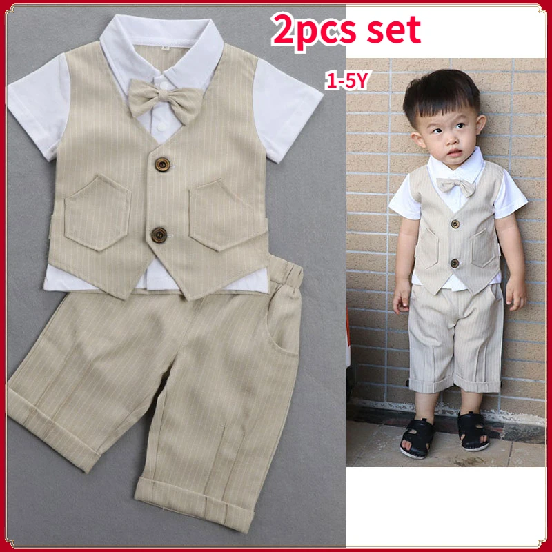 

Комплект одежды для мальчиков 1-5 лет, наряд для крестины и баптизмы, хлопковая одежда с коротким рукавом для мальчиков, джентльменская полосатая детская одежда