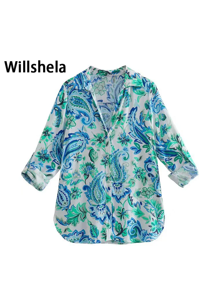 

Willshela Женская модная однобортная блузка с разрезом сбоку, винтажная блузка с отворотом и длинными рукавами, женские шикарные рубашки