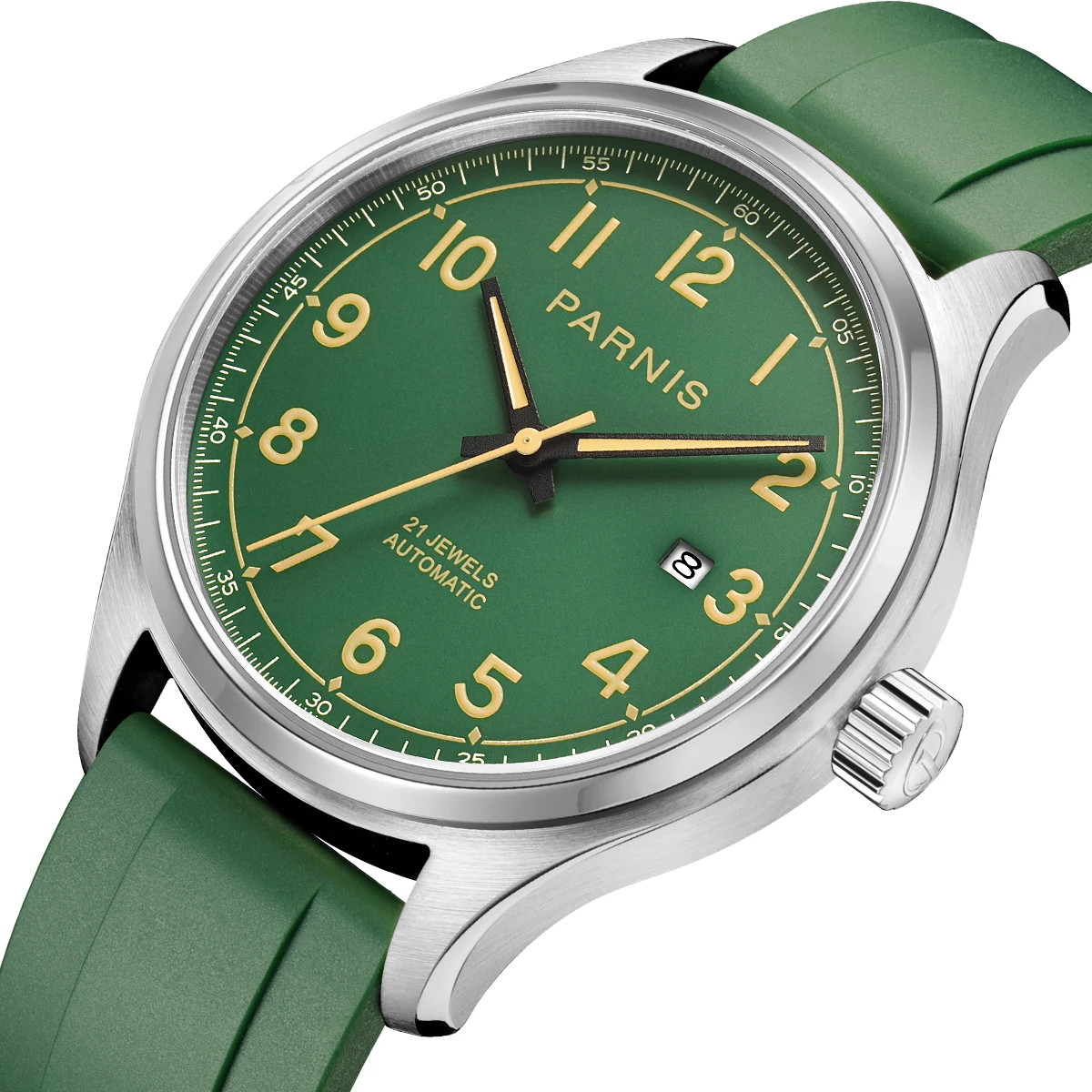 

New Parnis 43MM Green Dial Men's Automatic Mechanical Watches Calendar Leather Strap Sapphire Glass Men Wristwatch With Box Gift