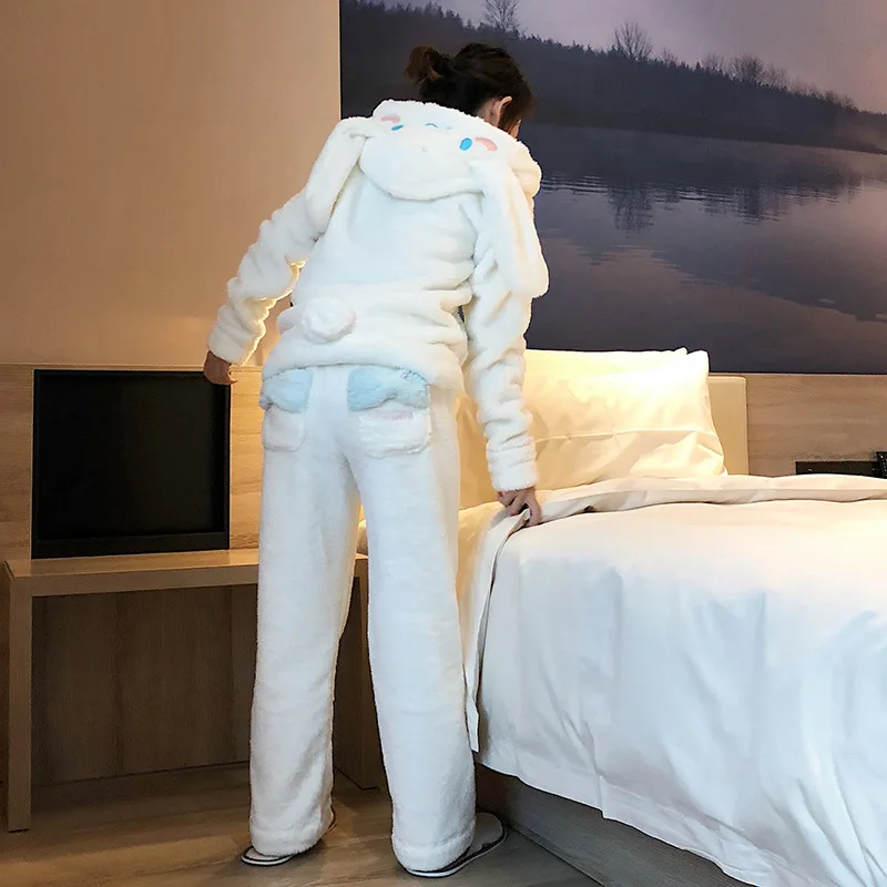 Cartoon Flannel Pyjama Long Ear Hooded Sleepwear Warm Thick Women Winter Pajamas Set Two Pieces Pockets Girls Homewear Women