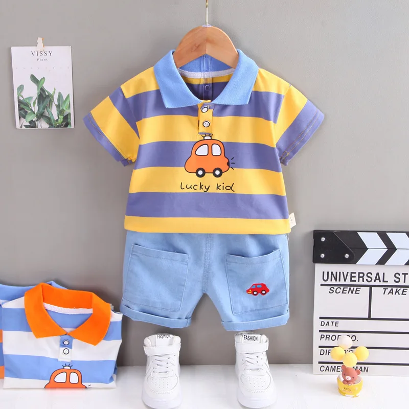 

Summer Boys' Cotton Set Casual New Striped Boys' Treasure Children's Handsome Short Sleeve Two Piece Set Fashion 1-4 Years