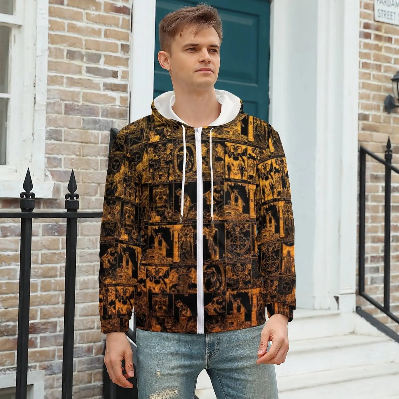 

Gold And Black Tarot Print Loose Hoodies Major Arcana Casual Hoodie Man Long Sleeve Elegant Pattern Sweatshirts Large Size