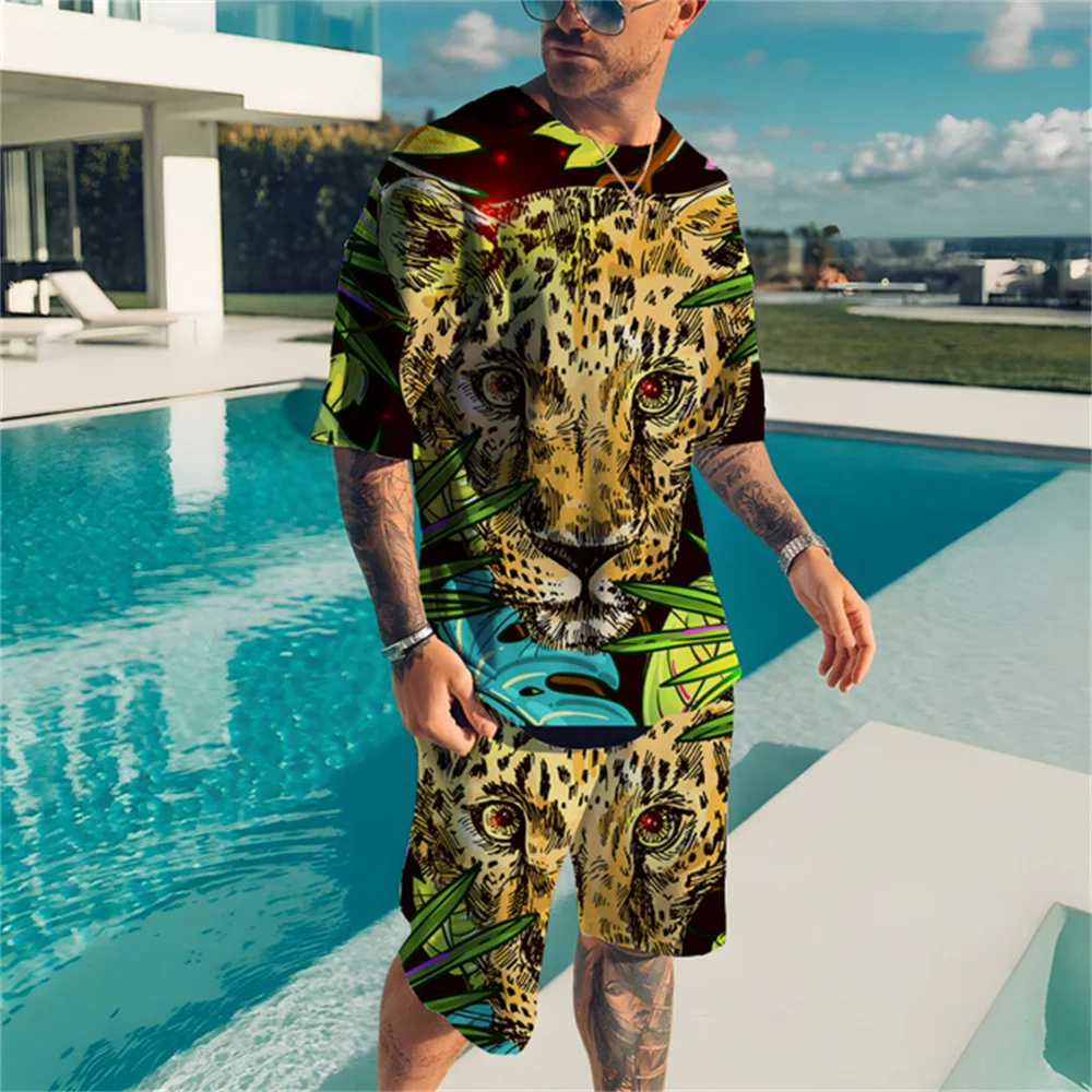 Men's New Leopard Sportswear Set Men's T-Shirt + Shorts Summer Sportswear The Secret Secret of the Jungle Harajuku Top Suit