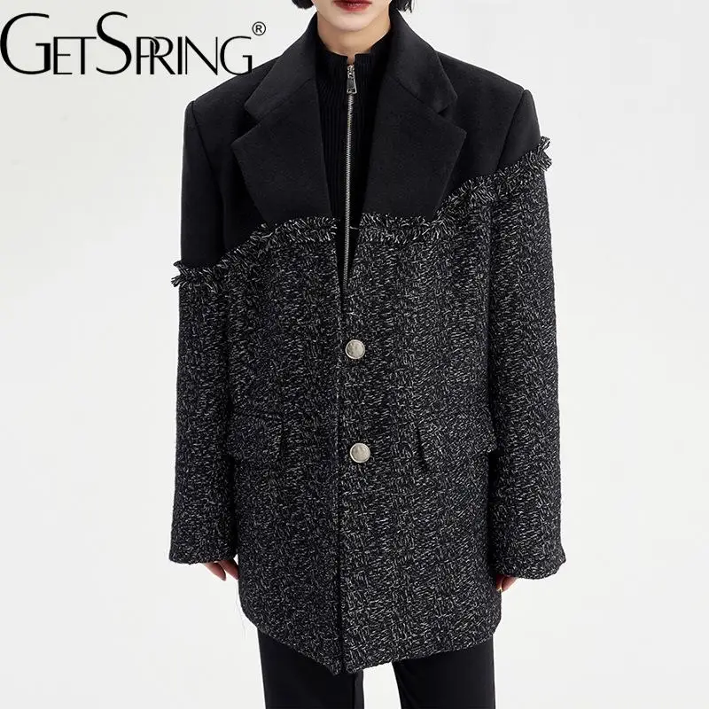 

GetSpring Женский блейзер темпераментный твидовый сшитый однобортный женский черный костюм с длинным рукавом пальто Женский костюм куртка 2022