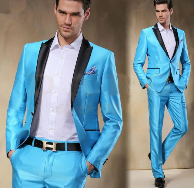 

2022 Comfortable Fit New Arrival Sky Blue Satin Groom Tuxedos Slim Fit 2 Pieces Mens Wedding Prom Dinner Party Suits Best Man Su