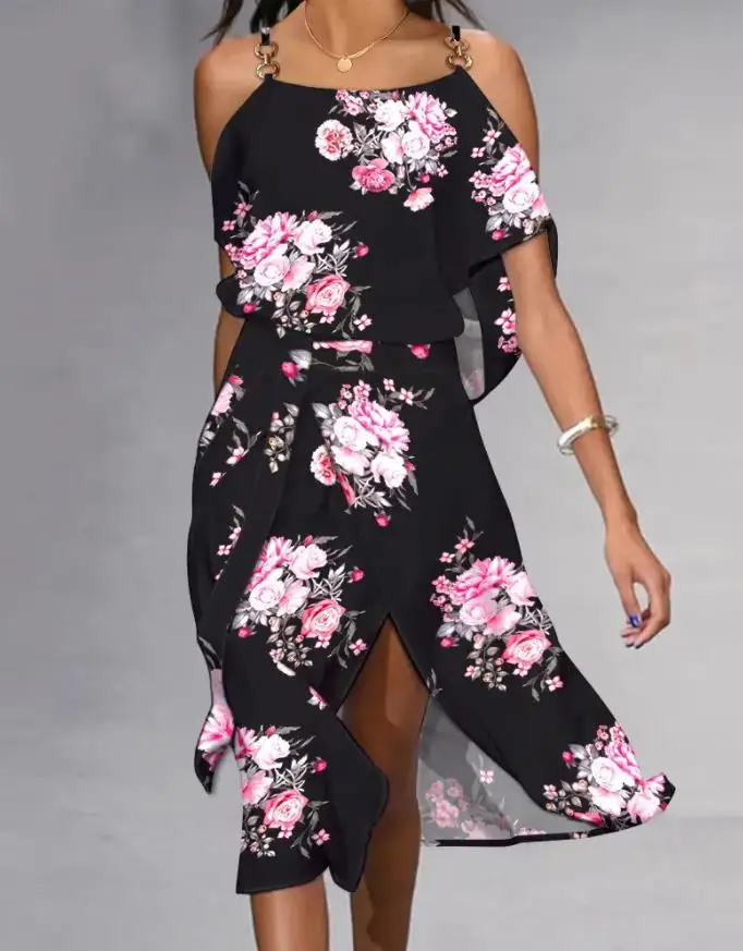 

Women Dresses Fashion Chain Decor Cold Shoulder Slit Floral Print Casual Short Sleeve Midi Vacation Dress with Belt 2022 Summer