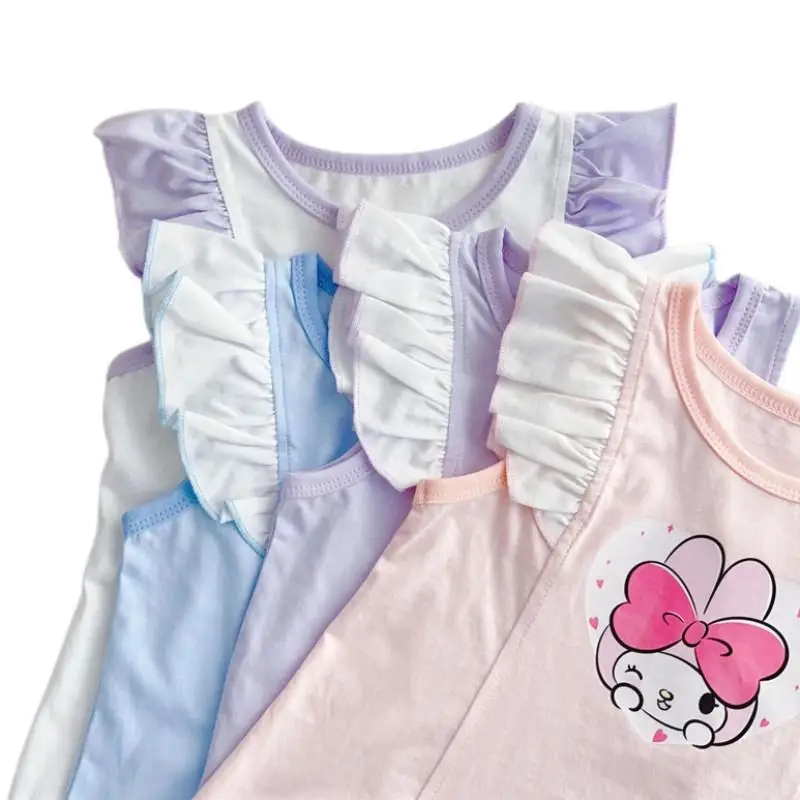 

Sanrios Kuromi My Melody аниме Kawaii Маленькая Летающая футболка с рукавом Летающая летняя Милая жилетка с мультяшным принтом детский гофрированный Топ