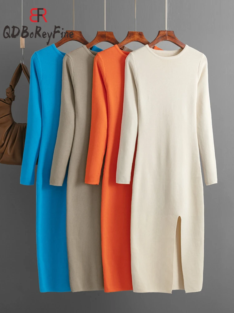 

Women Sexy Knitted Dress with Side Basic Long Sleeve Streetwear O-Neck Long Bodycon Dresses Slim Black Sweater Dresses for Women