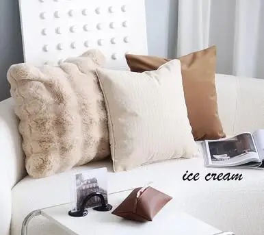 Simple living room sofa pillow cover, mesh red milk coffee color rabbit plush soft cushion cover