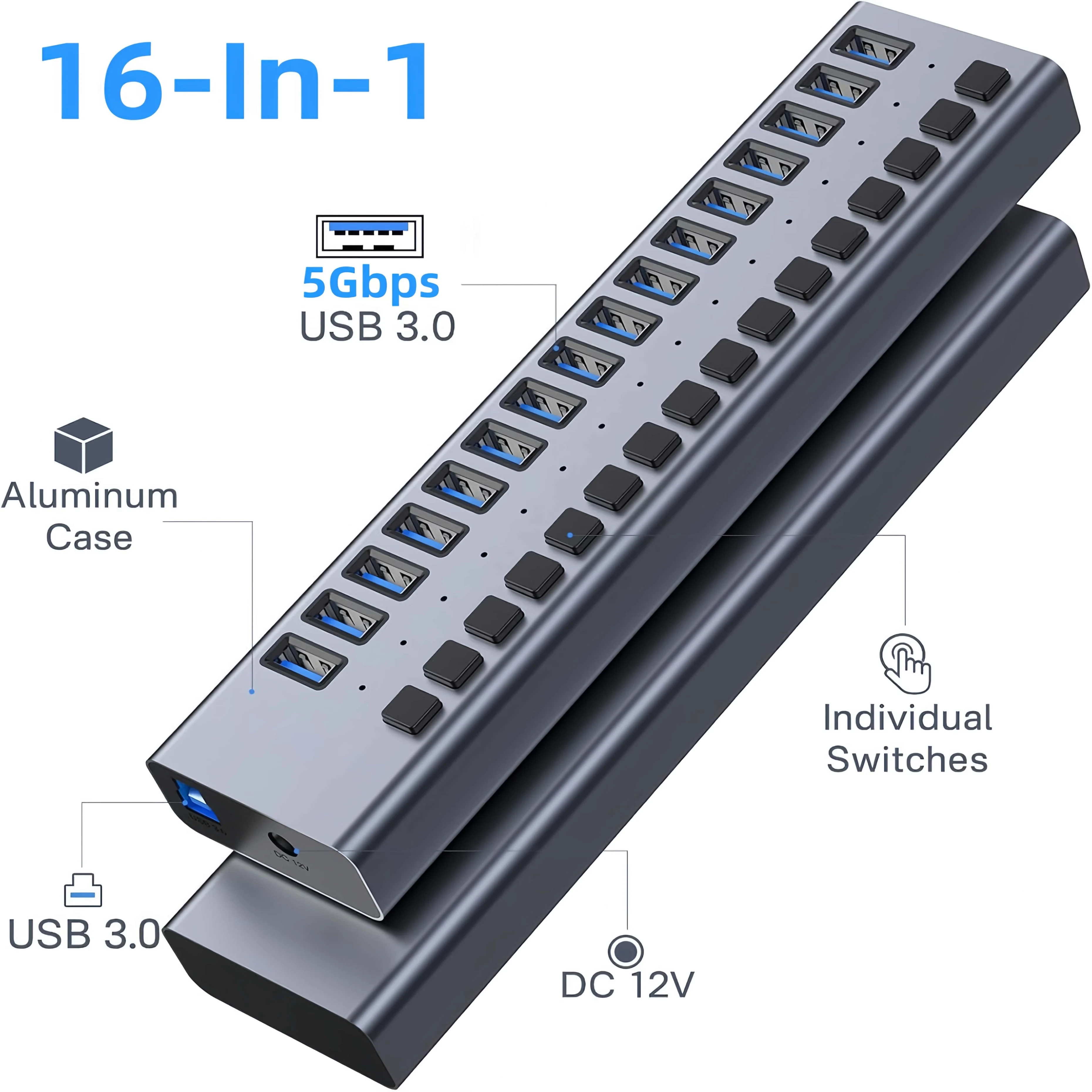 Фото USB-хаб MZX 3.0 с 16/10/7 портами, многопортовый, 5 Гбит/с, с выключателем, разветвителем, адаптером, концентратором, док-станцией, удлинителем №1