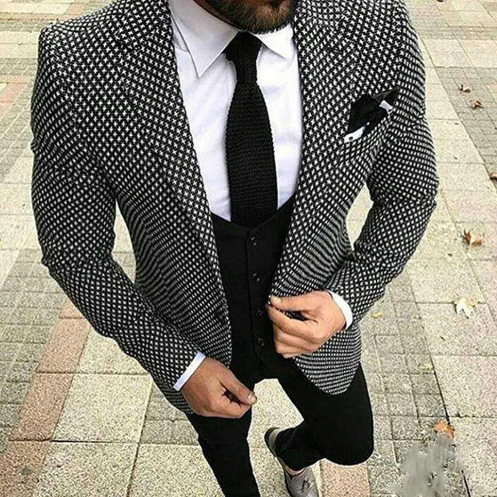 

3 Pieces Houndstooth One Button Jacket Men Suit Slim Fit Groom Tuxedos Tailor Made Formal Casual Dress Suit（Coat+Vest+Pants）