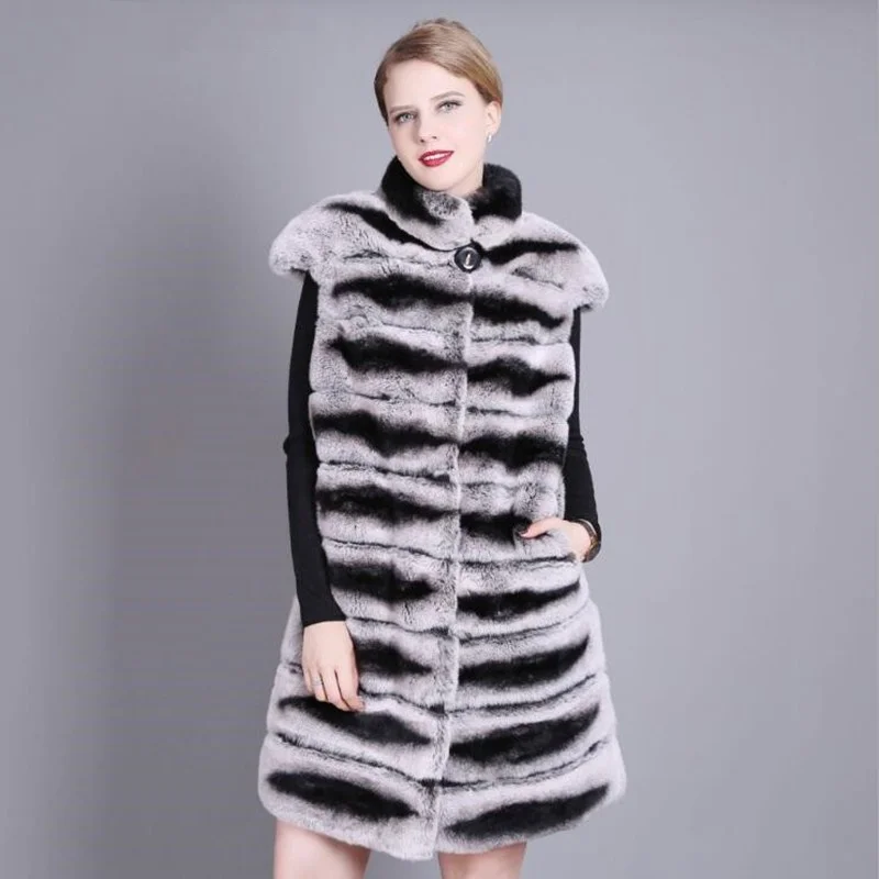 90CM Women Real Rex Vest Stand Collar Natural Chinchilla Color Rabbit Fur Waistcoat Sleeveless Jacket