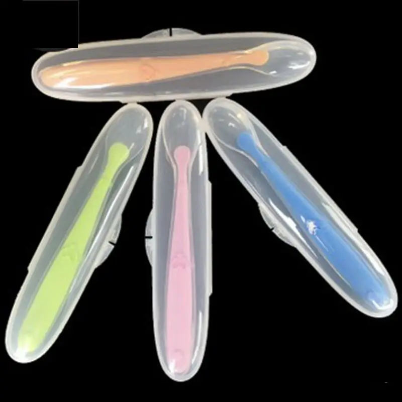 

New Baby Soft Silicone Spoon Candy Color Temperature Sensing Spoon Children Food Baby Feeding Tools Baby Spoon+box