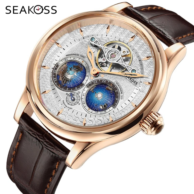 

SEAKOSS Luxury Double Earth Rotating Men's Mechanical Watch Automatic Movement Waterproof Clock Pilots Men Seagull 1963 Watches