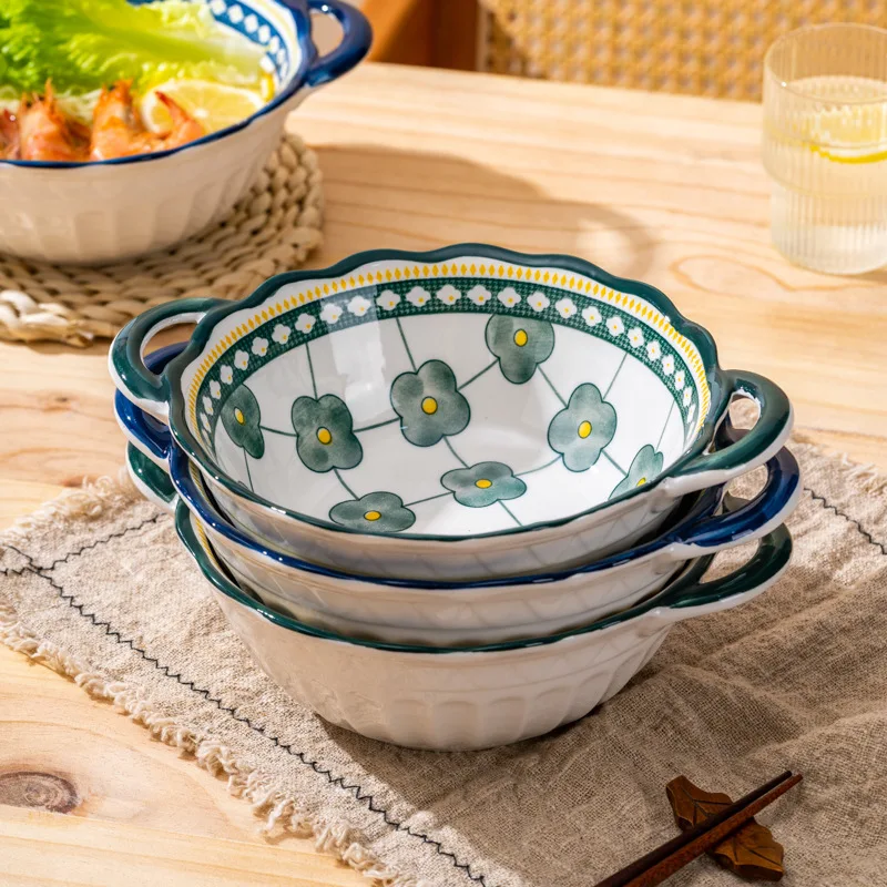 

Миска Для рамен 9,5 дюйма, керамическая рельефная двухушная миска для супа с лапшой быстрого приготовления и миской для супа с простой бытовой посудой