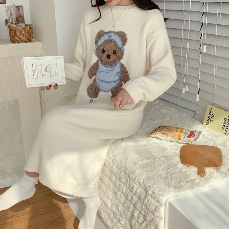 QWEEK Coral Velvet Long Nightie Kawaii Korean Style Bear Print Sleepwear Warm Thicken Women's Nightdress Winter Homewear