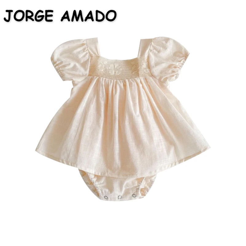 

Summer Bodysuit for Baby Girl Square Collar Beige Apricot Short Puff Sleeves Jumpsuit Infant Clothing Toddler Fall Clothes E1082