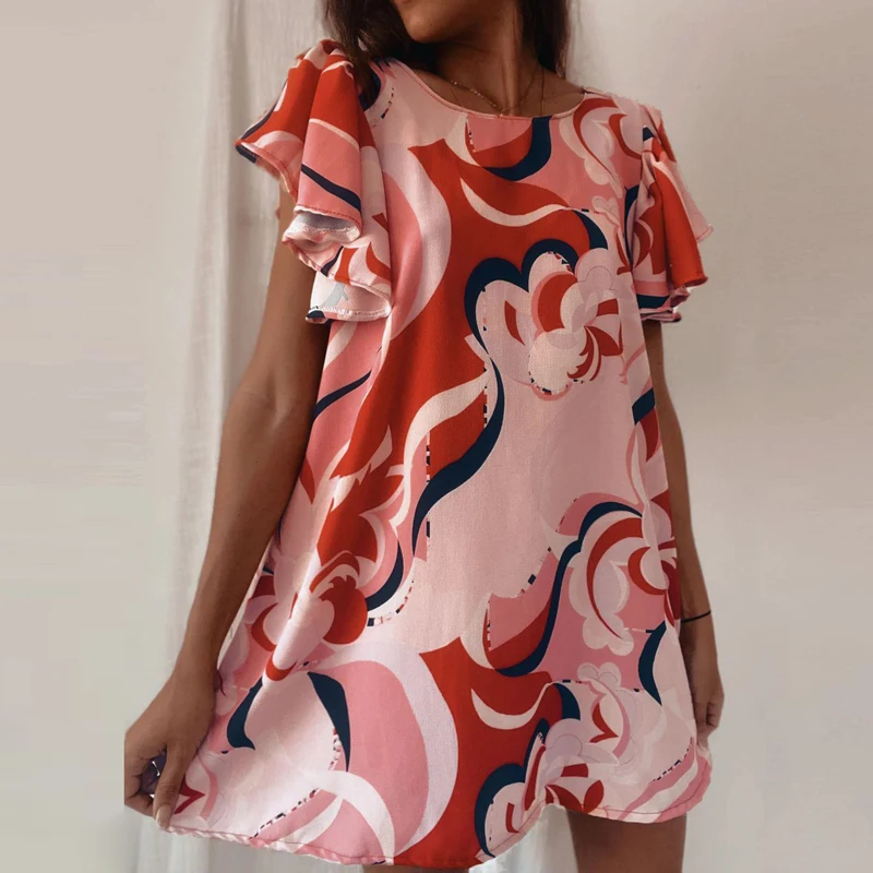 

Платье-пуловер женское с круглым вырезом, винтажный принт, повседневный Свободный Прямой топ с оборками на рукавах, Шикарное облегающее, на ...