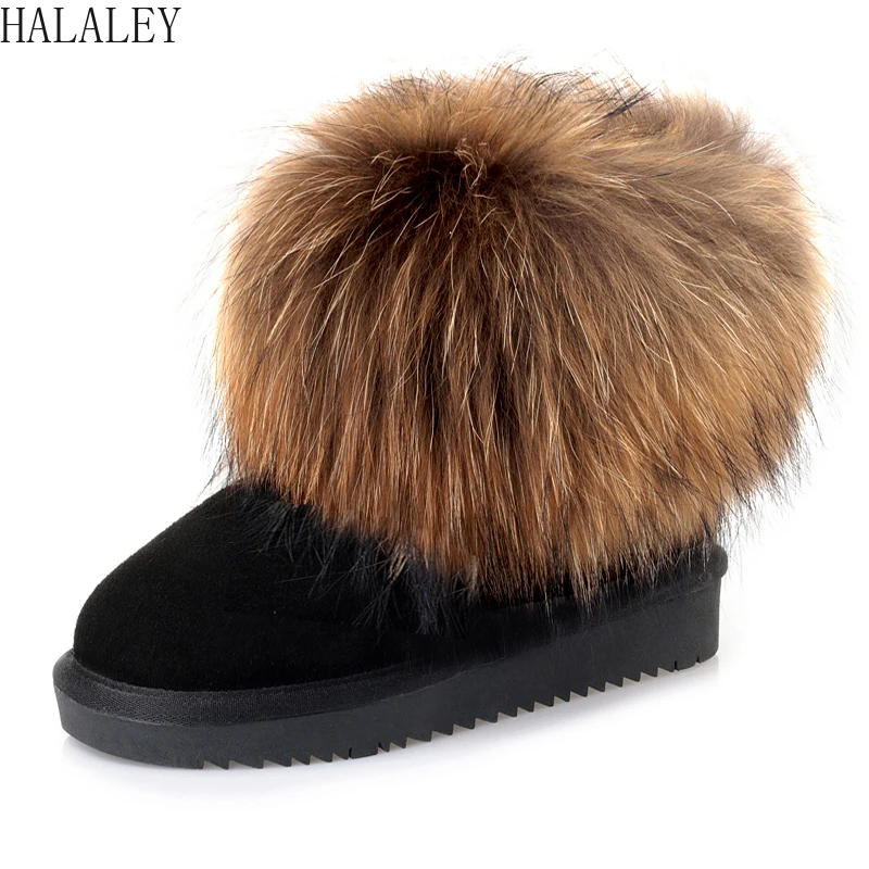 

HALALEY Genuine Cow Leather Fur Boots Real Big Fox Snow Boots Women Short Boots Waterproof Leather Non Slip Warm Shoes
