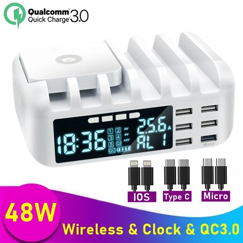 

48W Fast Phone Usb Charger QC 3.0 Wireless Charger LCD Display With Clock for IPhone 11 12 Pro Max Samsung Xiaomi Phone Holder