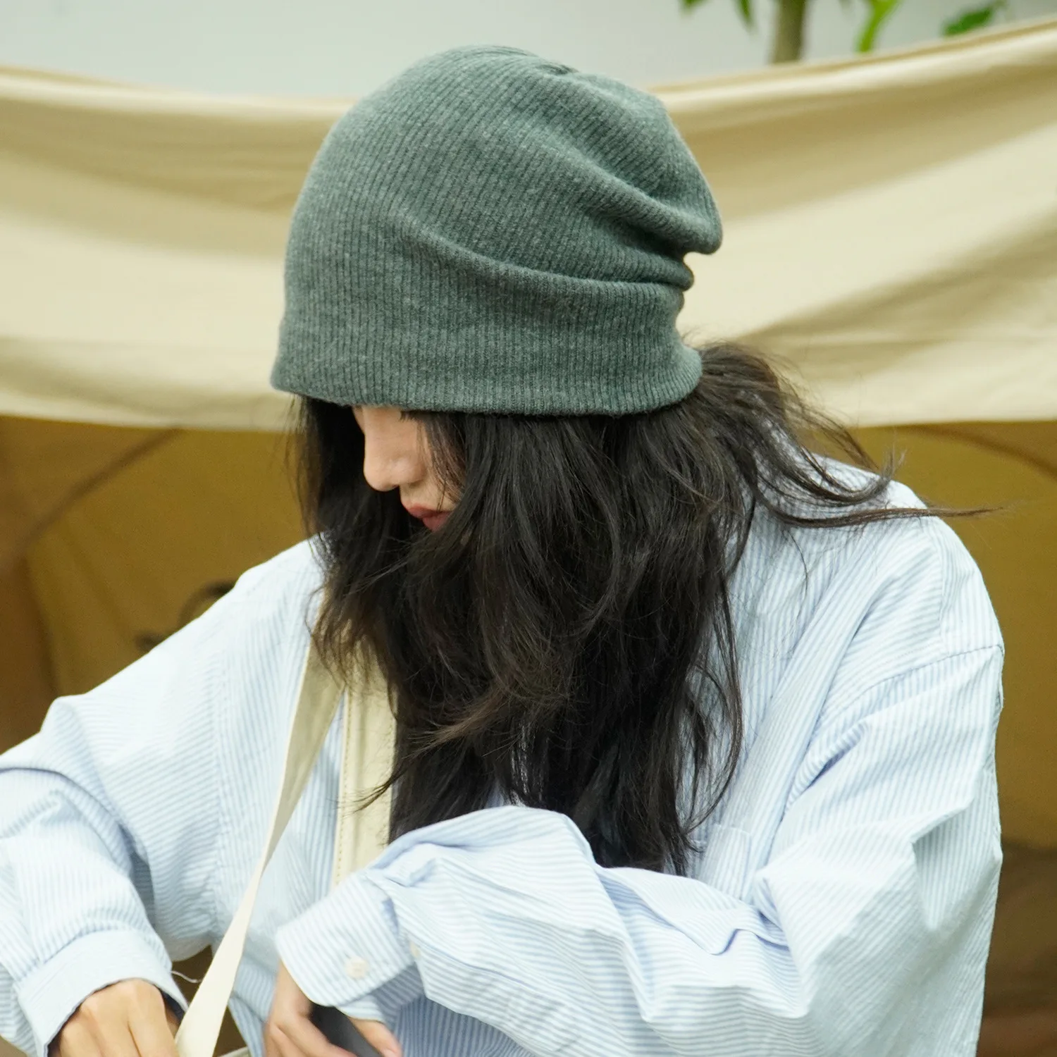 

Japanese solid color pile hat for women in autumn and winter striped knitting for men in street wool casual and versatile