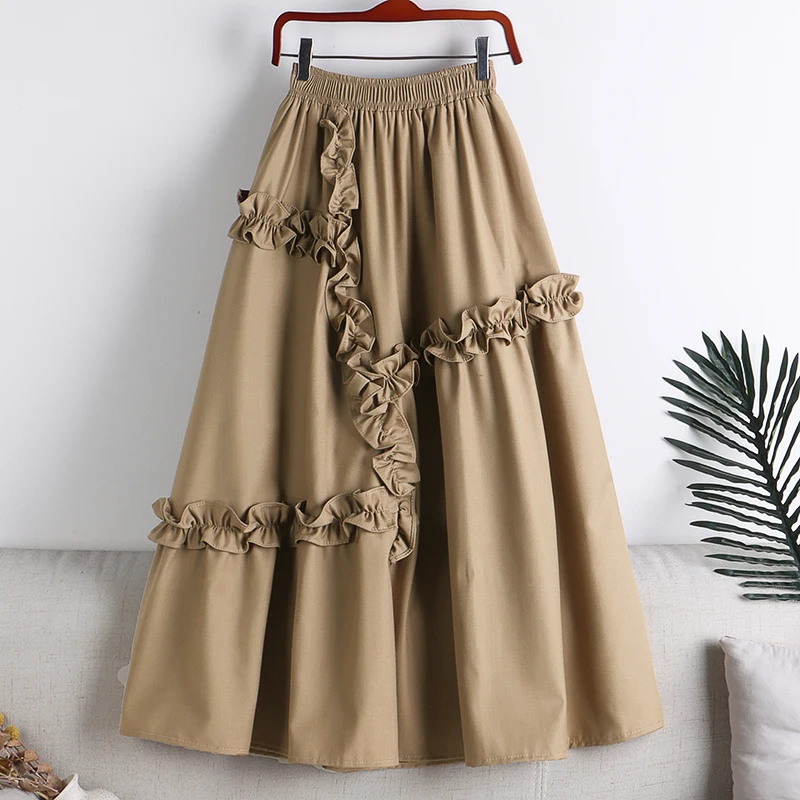 

Chic Vintage Skirts Irregular High Waist Elastic Jupe Ruffles Mujer Faldas Autumn A-line Skirt Casual Women Clothes Dropshipping