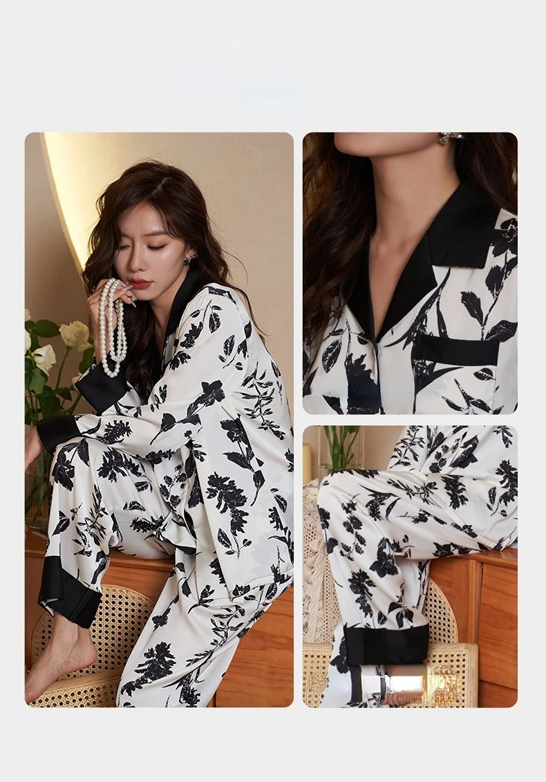 Women's  2 Piece Pajamas Sets Comfortable Cute Pijama Faux Silk Satin Pyjama Female Sleepwear Long Sleeve Shirt Trouser Homewear