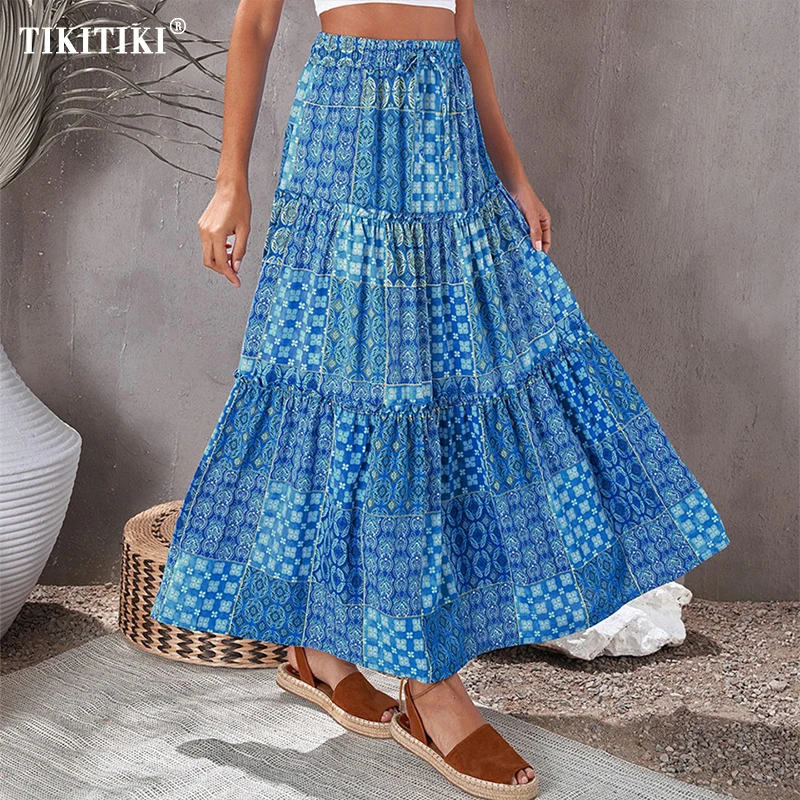 

Women's High Waist Maxi Skirt Boho Hippie Long Tiered Skirts Indian Bohemian Vintage Floral Print Ruffle Flowy Bottoms Beachwear