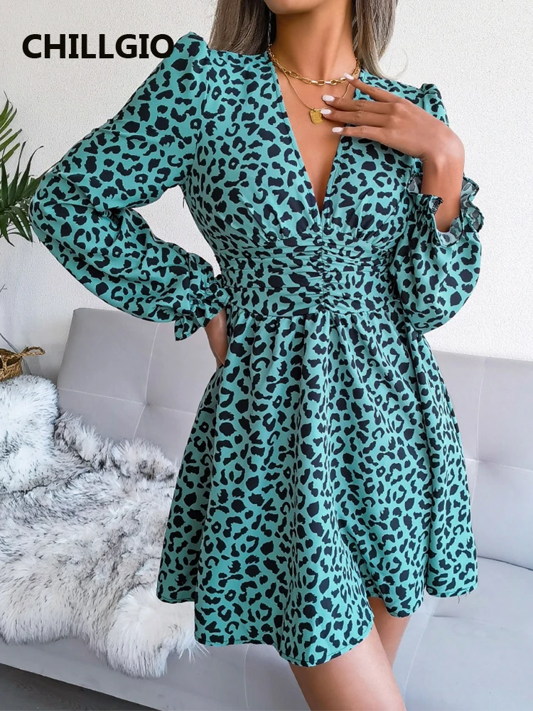 

CHILLGIO Women Leopard Print Chiffon Dress Autumn Long Sleeve Office Lady Vestidos Fashion Streetwear Bohemian A Line Dresses