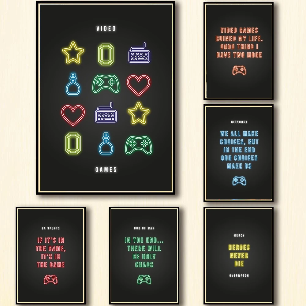 

Неоновые постеры с цитатами для видеоигр 80-х годов, эстетический VR геймпад, настенный Декор для дома, милый Декор для детской комнаты, Холщов...