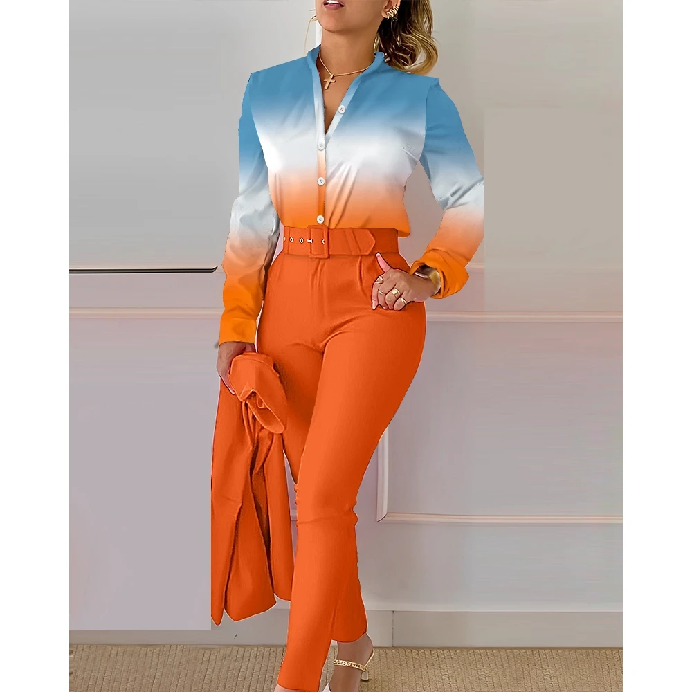 Casual Summer Women Ombre Buttoned Shirt & High Waist Pants Set Korean Style Two Pieces Workwear New In Suit 2023 y2k Clothes