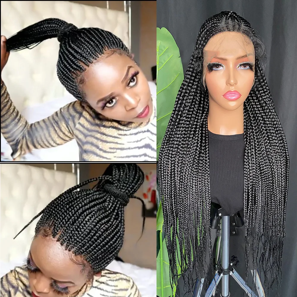 

Black 32 Inch Full Lace Braided Wig Synthetic Straight Box Braids Cosplay Wig Soft Braids Hair For Afro Black Women Daily Wear