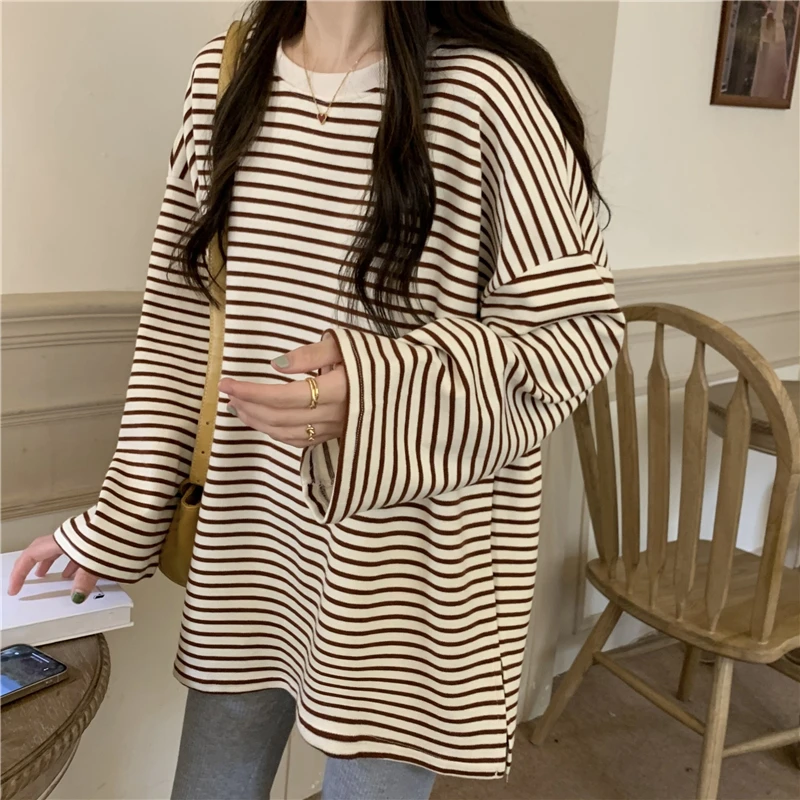 

Striped Long-Sleeved T-Shirt Loose Retro Simple Round Neck Top Female Harajuku Casual Korean Fashion T-Shirt Pullover